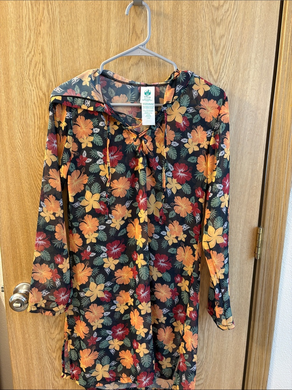 Disney Floral Hooded Tunic Top - Black with Orange & Red Flowers